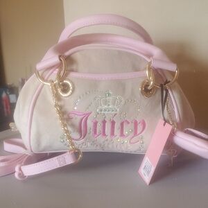 Juicy Couture Cream & Pink Crystal Embellished Satchel Velour.